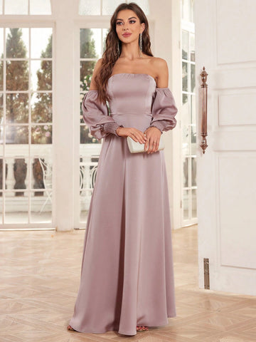 Off-Shoulder Lantern Sleeve A-Line Extra Long Evening Gown