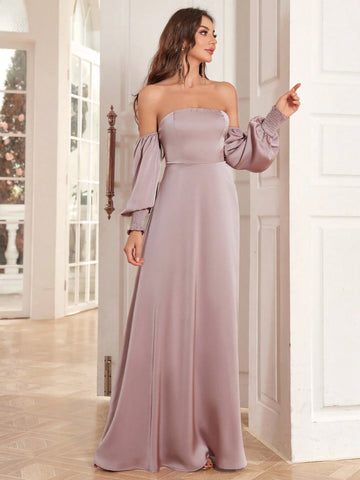 Off-Shoulder Lantern Sleeve A-Line Extra Long Evening Gown