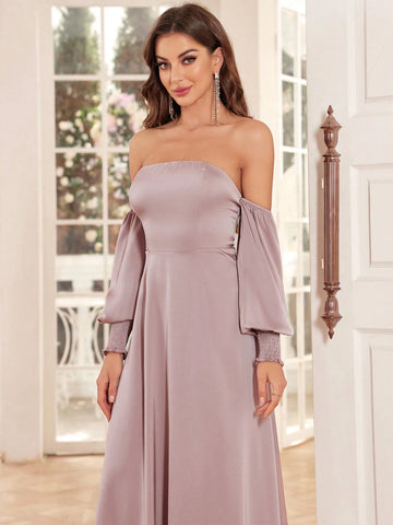 Off-Shoulder Lantern Sleeve A-Line Extra Long Evening Gown