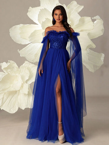 Off-Shoulder Mesh And Sequin With Side Slit And Elegant Hemline Women Evening/Formal Party Dress