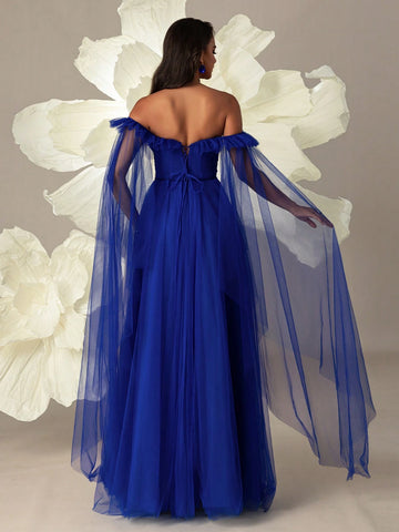 Off-Shoulder Mesh And Sequin With Side Slit And Elegant Hemline Women Evening/Formal Party Dress