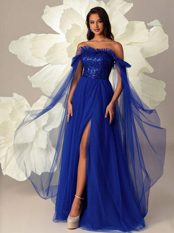 Off-Shoulder Mesh And Sequin With Side Slit And Elegant Hemline Women Evening/Formal Party Dress