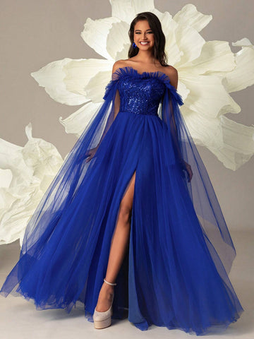 Off-Shoulder Mesh And Sequin With Side Slit And Elegant Hemline Women Evening/Formal Party Dress