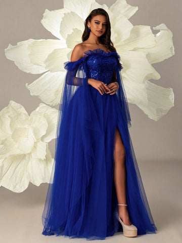 Off-Shoulder Mesh And Sequin With Side Slit And Elegant Hemline Women Evening/Formal Party Dress