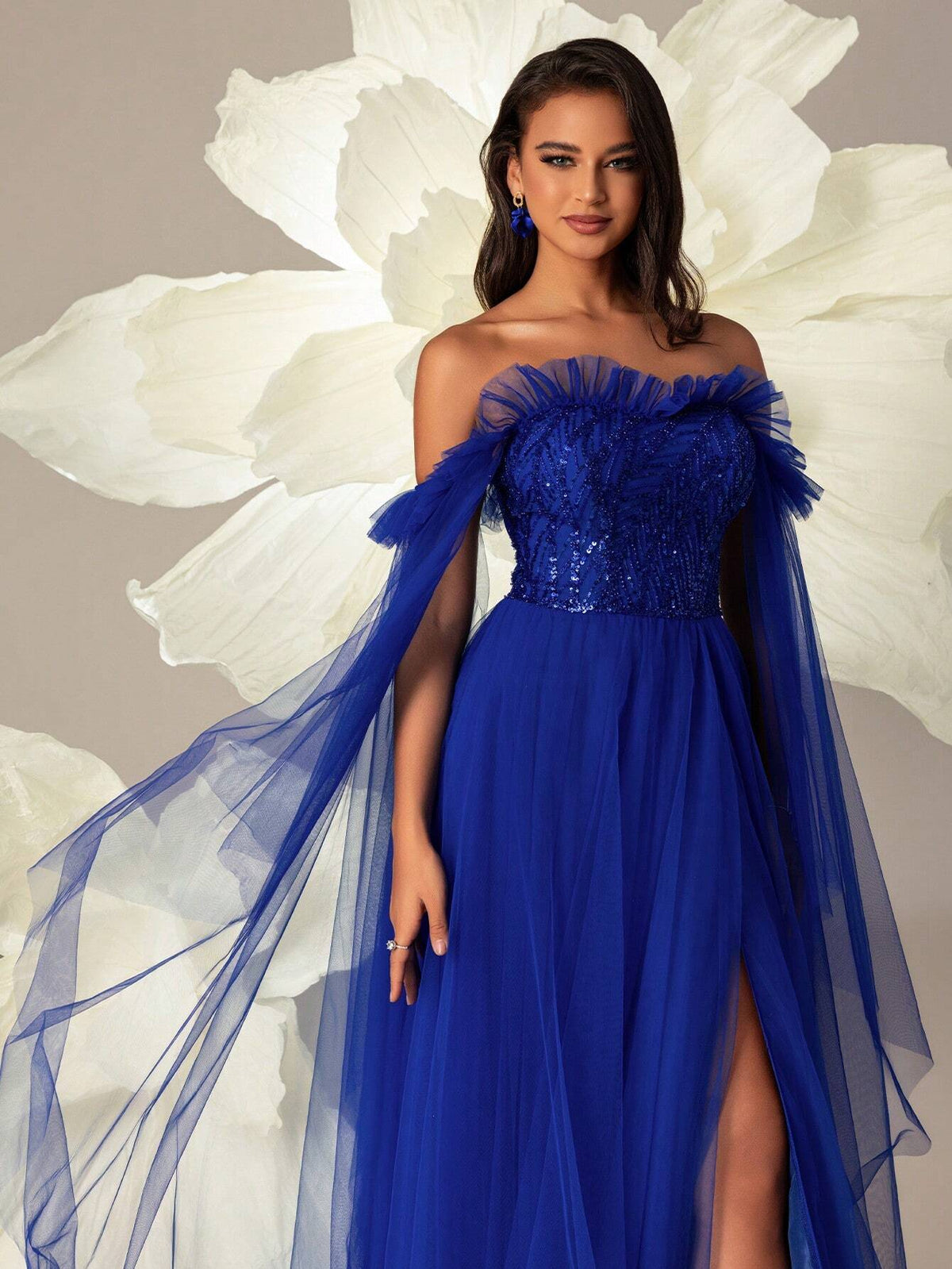 Off-Shoulder Mesh And Sequin With Side Slit And Elegant Hemline Women Evening/Formal Party Dress