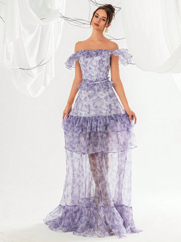 Off-Shoulder Mesh Sheath Dress For Women, With Ruffle Trim And Evening Party Dress