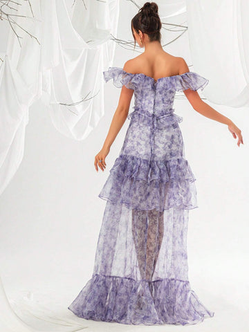 Off-Shoulder Mesh Sheath Dress For Women, With Ruffle Trim And Evening Party Dress