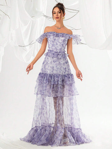 Off-Shoulder Mesh Sheath Dress For Women, With Ruffle Trim And Evening Party Dress