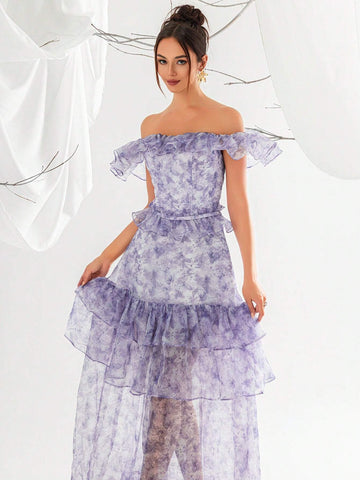 Off-Shoulder Mesh Sheath Dress For Women, With Ruffle Trim And Evening Party Dress