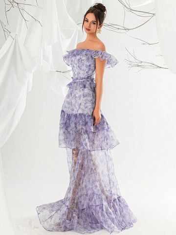 Off-Shoulder Mesh Sheath Dress For Women, With Ruffle Trim And Evening Party Dress