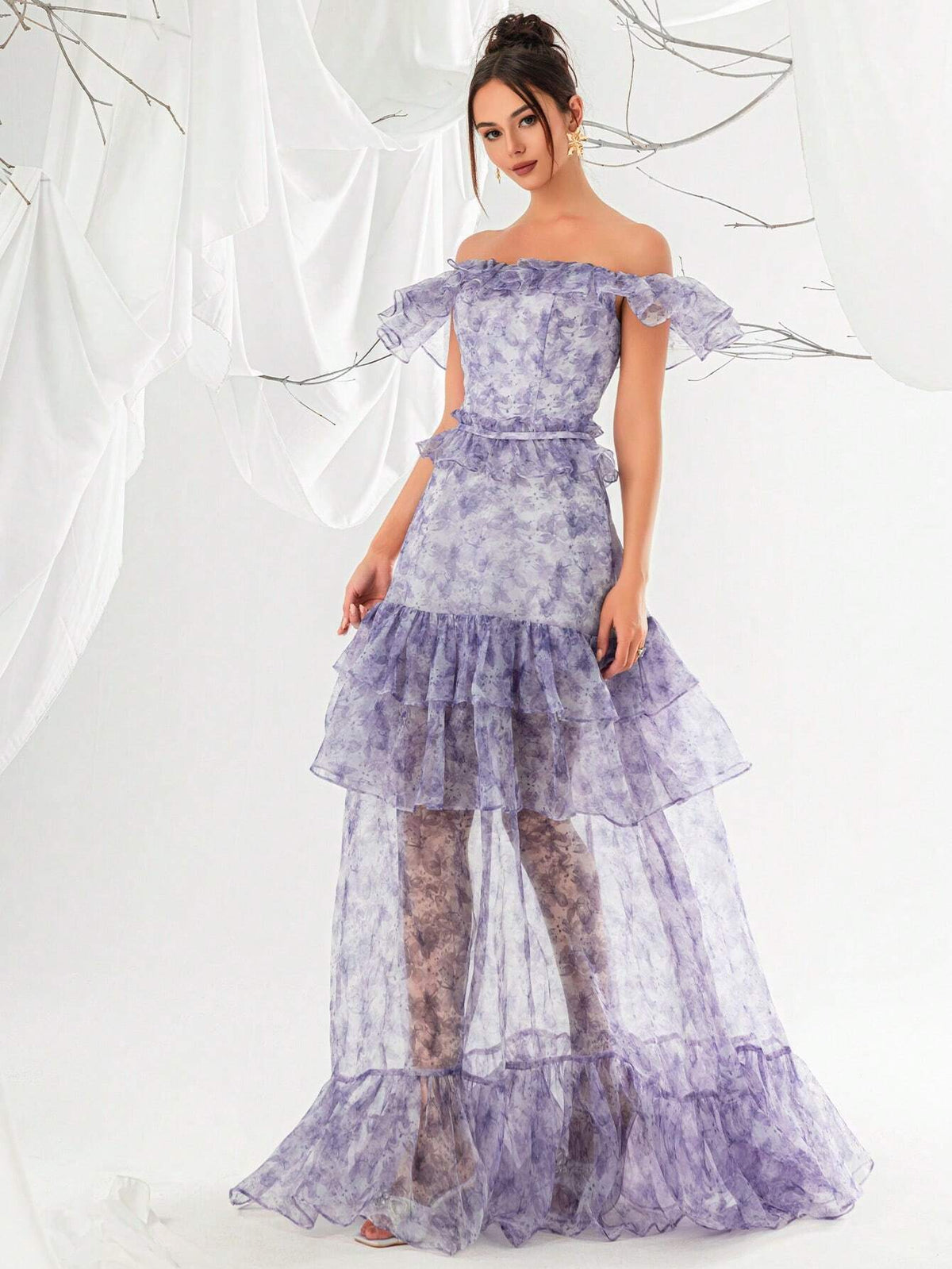 Off-Shoulder Mesh Sheath Dress For Women, With Ruffle Trim And Evening Party Dress