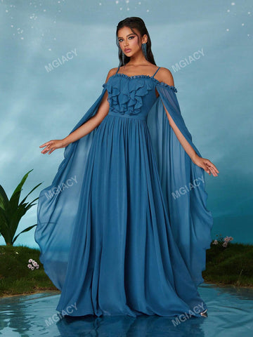 Off-Shoulder Pearl Chiffon Front Ruffle & Back Draped High-End Evening Gown