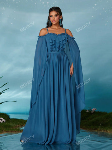 Off-Shoulder Pearl Chiffon Front Ruffle & Back Draped High-End Evening Gown