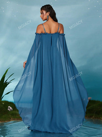 Off-Shoulder Pearl Chiffon Front Ruffle & Back Draped High-End Evening Gown