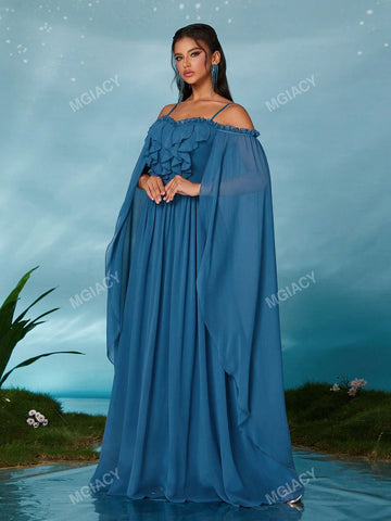 Off-Shoulder Pearl Chiffon Front Ruffle & Back Draped High-End Evening Gown