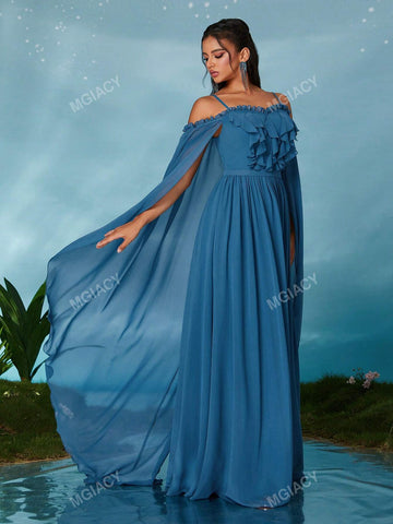 Off-Shoulder Pearl Chiffon Front Ruffle & Back Draped High-End Evening Gown