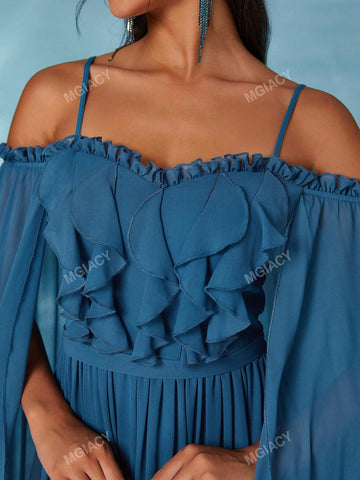 Off-Shoulder Pearl Chiffon Front Ruffle & Back Draped High-End Evening Gown