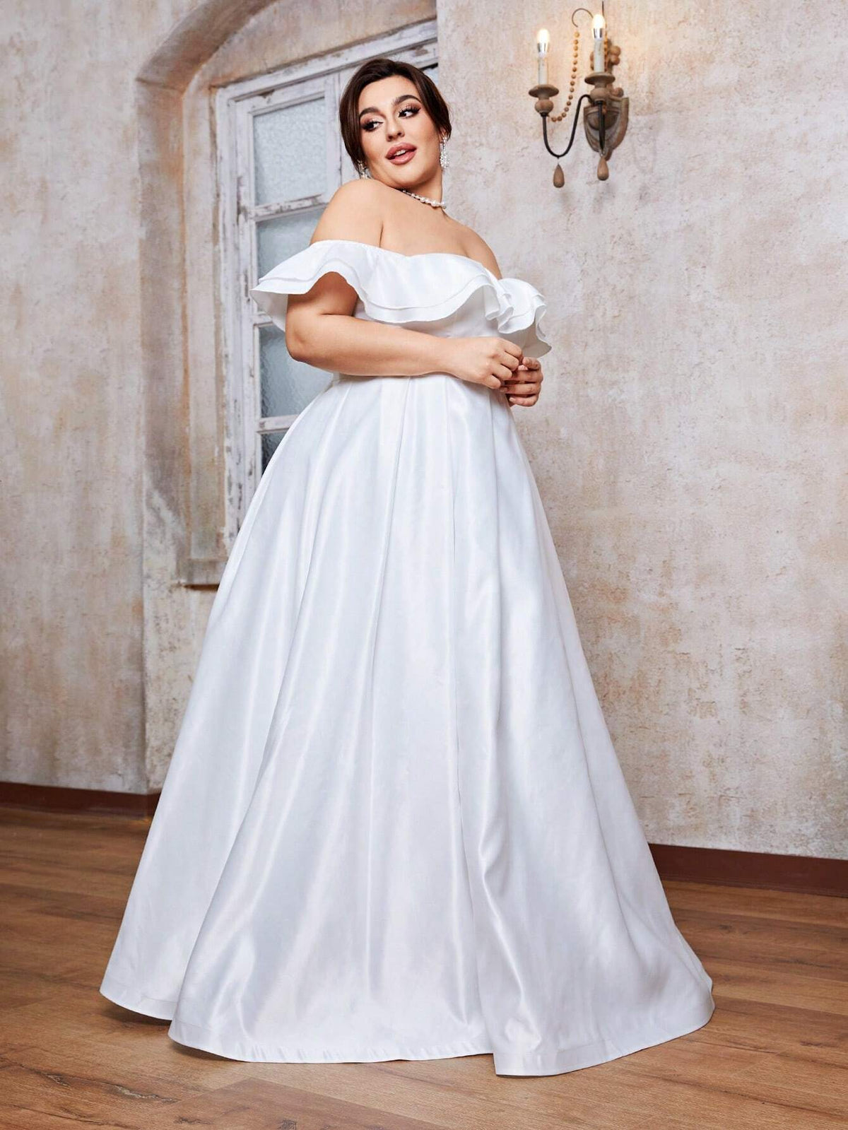 Off-Shoulder Satin Ruffle Hem Ball Gown Wedding Dress