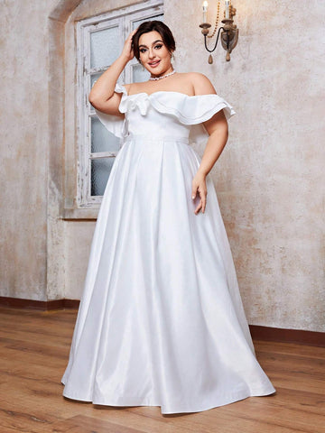 Off-Shoulder Satin Ruffle Hem Ball Gown Wedding Dress