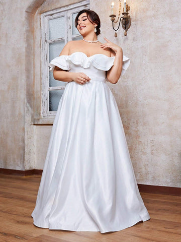 Off-Shoulder Satin Ruffle Hem Ball Gown Wedding Dress