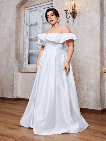 Off-Shoulder Satin Ruffle Hem Ball Gown Wedding Dress