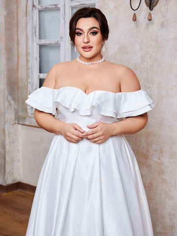 Off-Shoulder Satin Ruffle Hem Ball Gown Wedding Dress