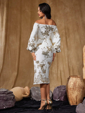 Off-Shoulder Sequin Lantern Sleeve Cocktail Party Dress