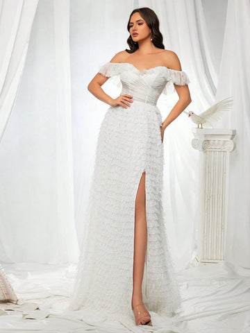 Off-Shoulder Sheer Lace Women's Evening Dress With Long Skirt