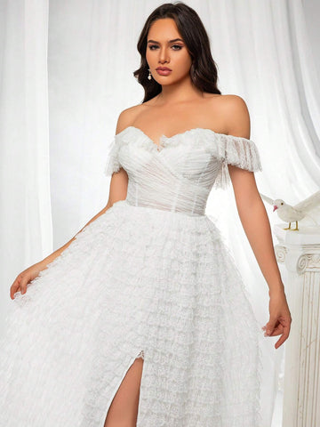 Off-Shoulder Sheer Lace Women's Evening Dress With Long Skirt