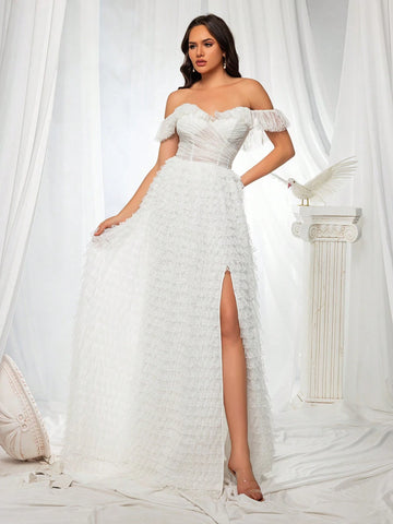 Off-Shoulder Sheer Lace Women's Evening Dress With Long Skirt