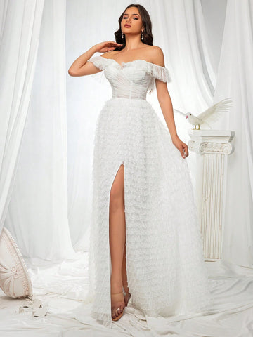 Off-Shoulder Sheer Lace Women's Evening Dress With Long Skirt