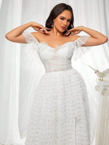 Off-Shoulder Sheer Lace Women's Evening Dress With Long Skirt