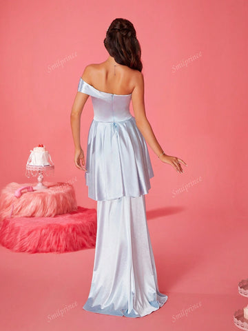 Off-The-Shoulder A-Line Floor-Length Ruffle Bridesmaid Dress With High Slit