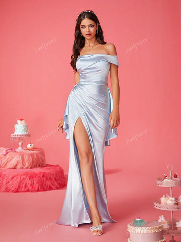Off-The-Shoulder A-Line Floor-Length Ruffle Bridesmaid Dress With High Slit