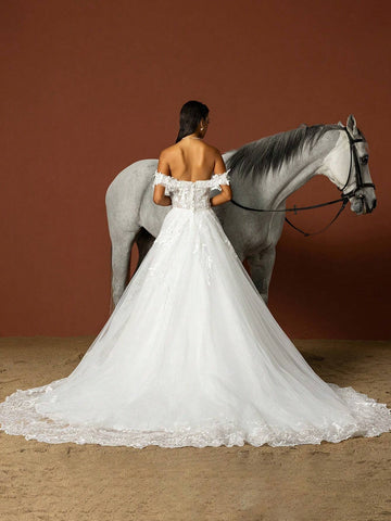 Off-The-Shoulder Lace And Tulle Wedding Dress With Train And Patchwork