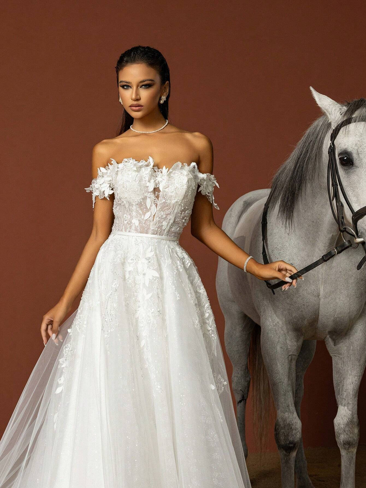 Off-The-Shoulder Lace And Tulle Wedding Dress With Train And Patchwork