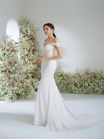 Off-The-Shoulder Sweetheart Neckline Premium Lace Mermaid Wedding Dress, Luxurious, Romantic, Elegant Bridal Gown For Party, Banquet, Garden Ceremony,