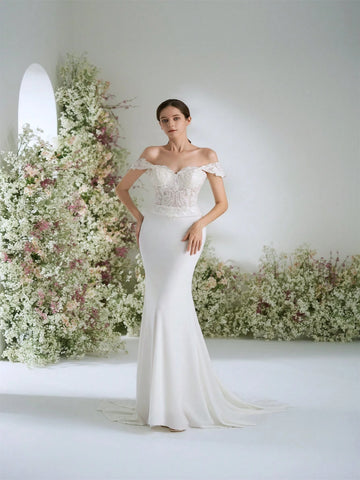 Off-The-Shoulder Sweetheart Neckline Premium Lace Mermaid Wedding Dress, Luxurious, Romantic, Elegant Bridal Gown For Party, Banquet, Garden Ceremony,