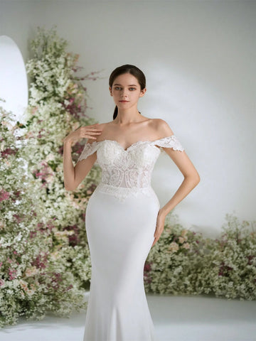 Off-The-Shoulder Sweetheart Neckline Premium Lace Mermaid Wedding Dress, Luxurious, Romantic, Elegant Bridal Gown For Party, Banquet, Garden Ceremony,