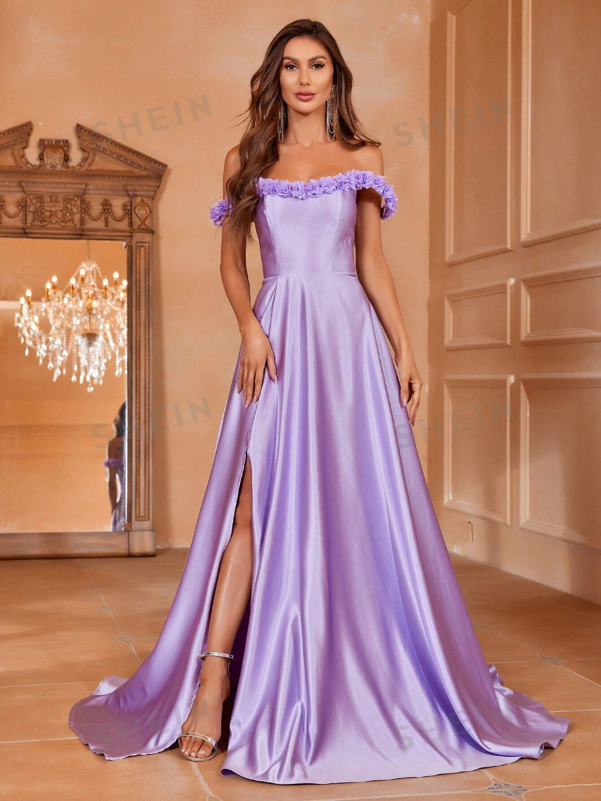 Off Shoulder 3D Appliques Split Thigh Wedding Dress