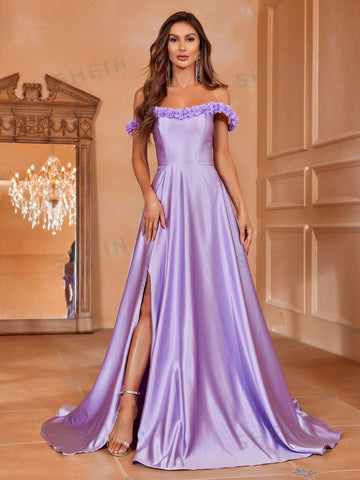 Off Shoulder 3D Appliques Split Thigh Wedding Dress