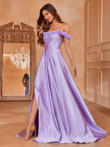 Off Shoulder 3D Appliques Split Thigh Wedding Dress