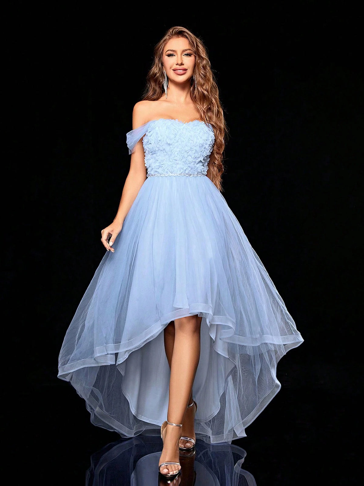 Off Shoulder 3d Embroidery Spliced Double Layer Mesh Maxi Dress