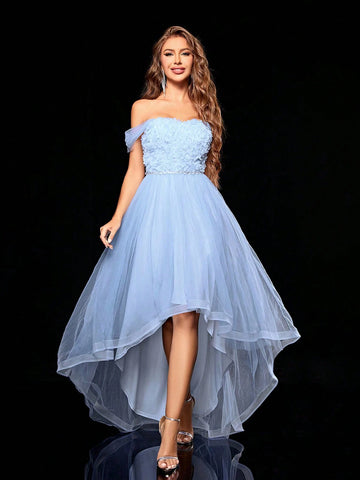 Off Shoulder 3d Embroidery Spliced Double Layer Mesh Maxi Dress