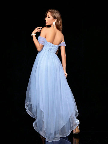 Off Shoulder 3d Embroidery Spliced Double Layer Mesh Maxi Dress