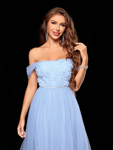 Off Shoulder 3d Embroidery Spliced Double Layer Mesh Maxi Dress