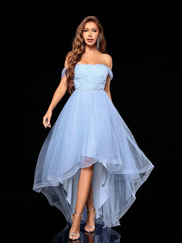 Off Shoulder 3d Embroidery Spliced Double Layer Mesh Maxi Dress