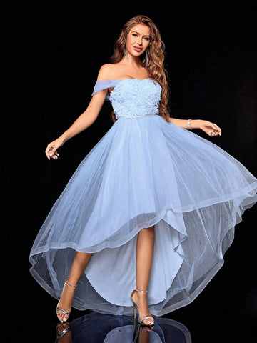 Off Shoulder 3d Embroidery Spliced Double Layer Mesh Maxi Dress