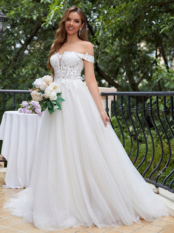 Off Shoulder Appliques Mesh Wedding Dress