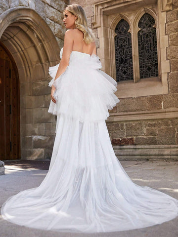 Off Shoulder Asymmetrical Hem Mesh Overlay Dress